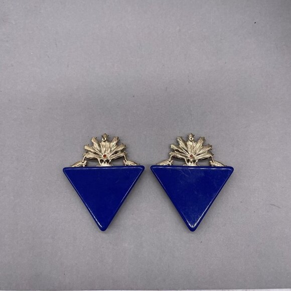 Geometric Floral Post Back Blue Earrings - Picture 3 of 4